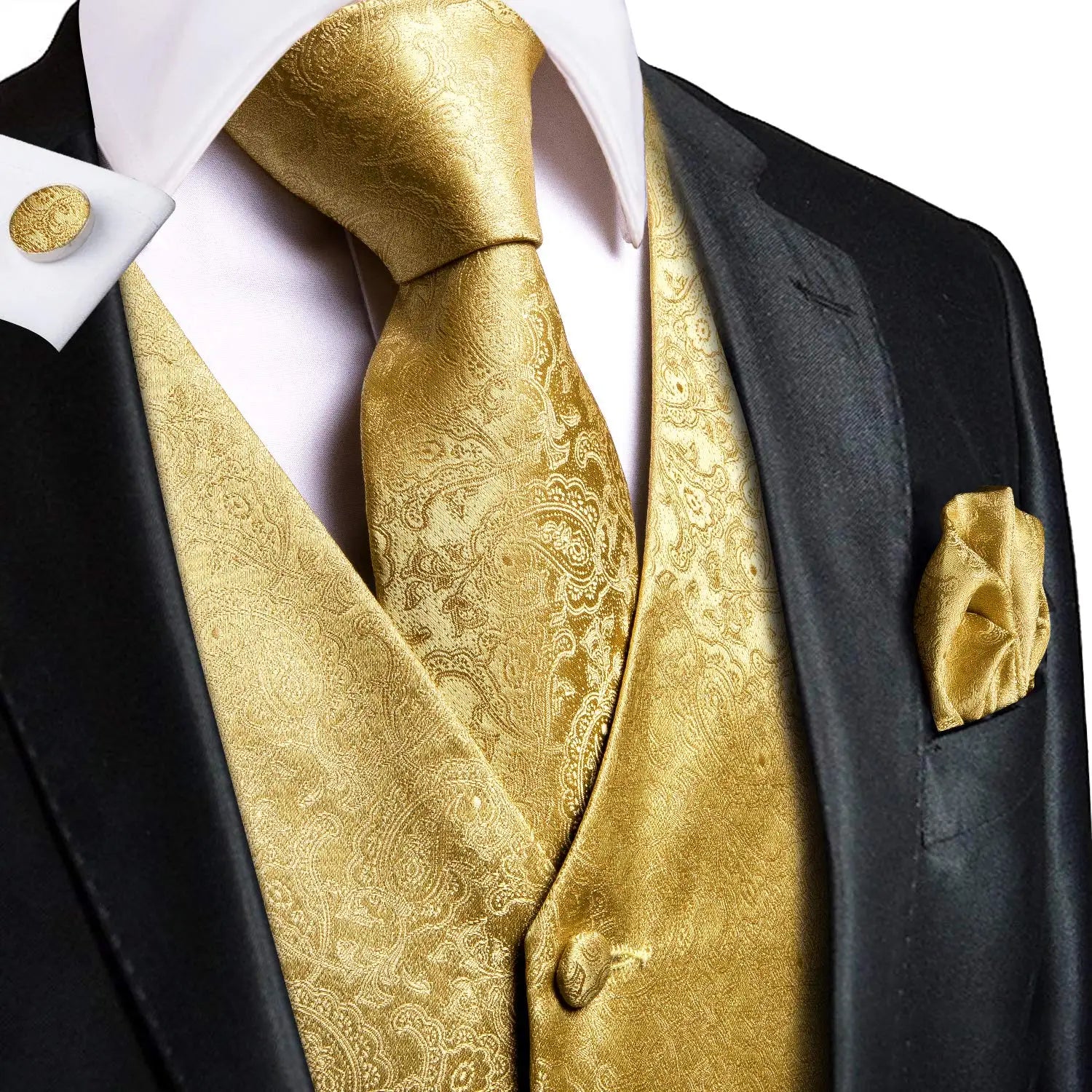 Hi-tie Luxury Gold Mens Vest Silk Tie Hanky Cufflinks Jacquard Floral Qme