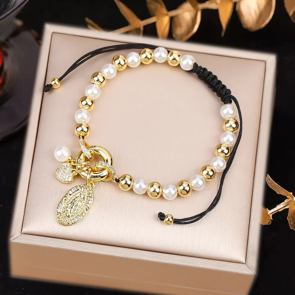 New Design Pearl Copper Braided Virgin Mary Zirconia Black Rope Bracelet Fashion For Woman Daily Party Jewelry Religious Gift Qme G