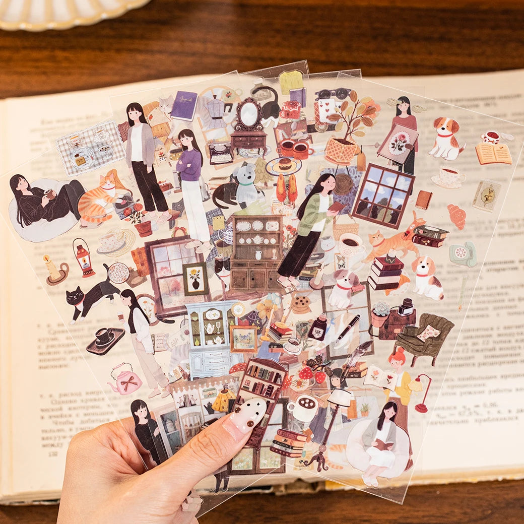 12 Sheets Daily Leisure Theme PET Stickers for DIY Craft Scrapbooking Collage Guitar Phone Case Notebook Decoration Qme
