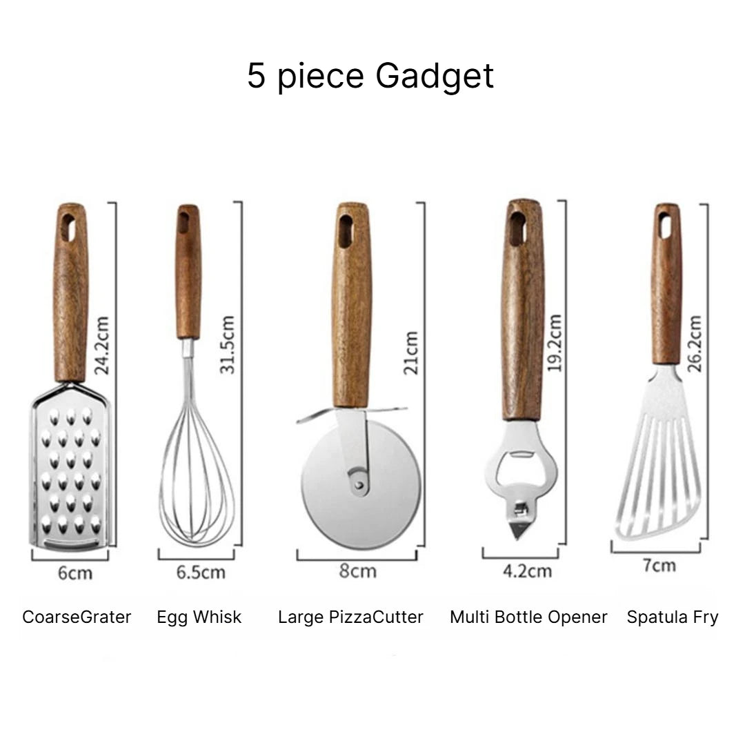 A Multifunctional Kitchen Gadgets Acacia Wood Stainless Steel Peeler Can Opener Egg Beater Pizza Cutter Cheese Spatula Set Qme 5pcs gadgets i