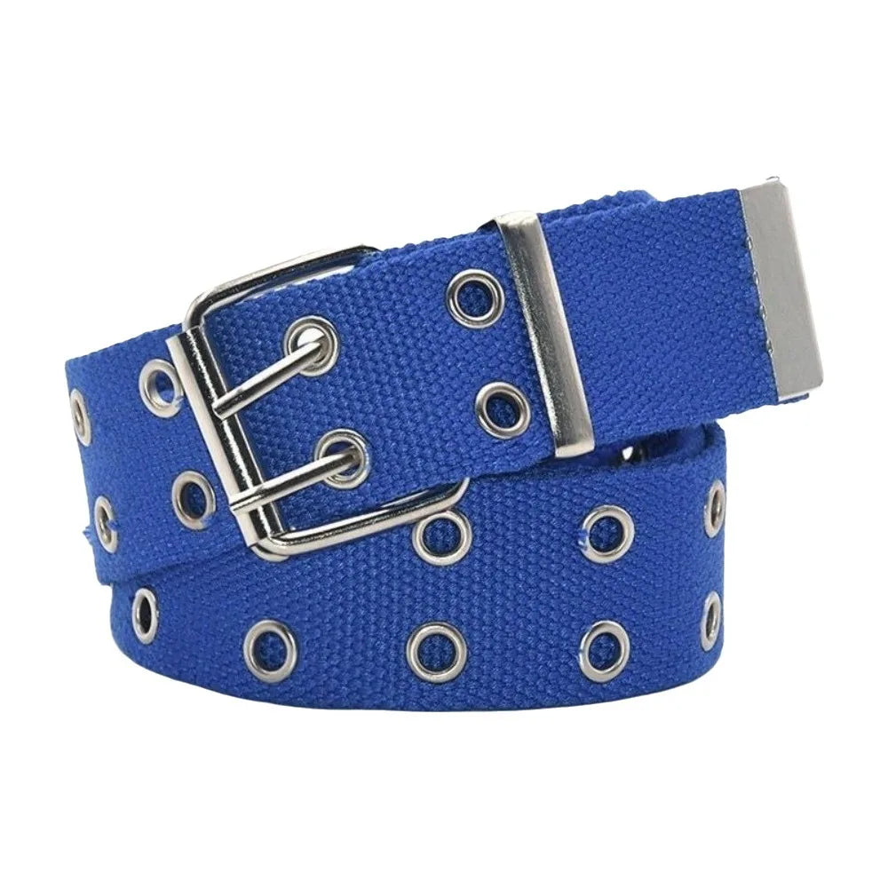 Outdoor Solid Canvas Waist Belt Double Row Nylon Woven Belts Metal Qme Blue