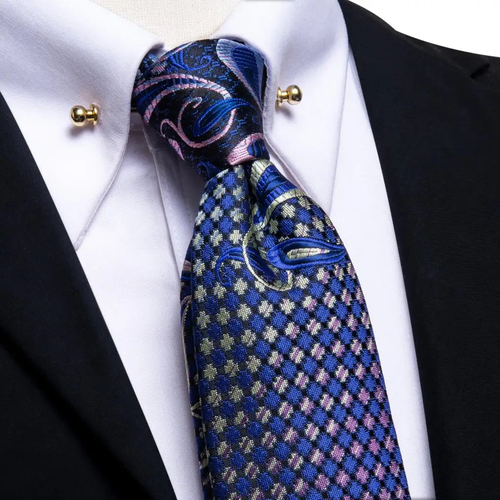 Hi-tie Luxury Teal Blue Wedding Necktie Men's Tie Glod Collar Pin Qme N-3532-CP-0001