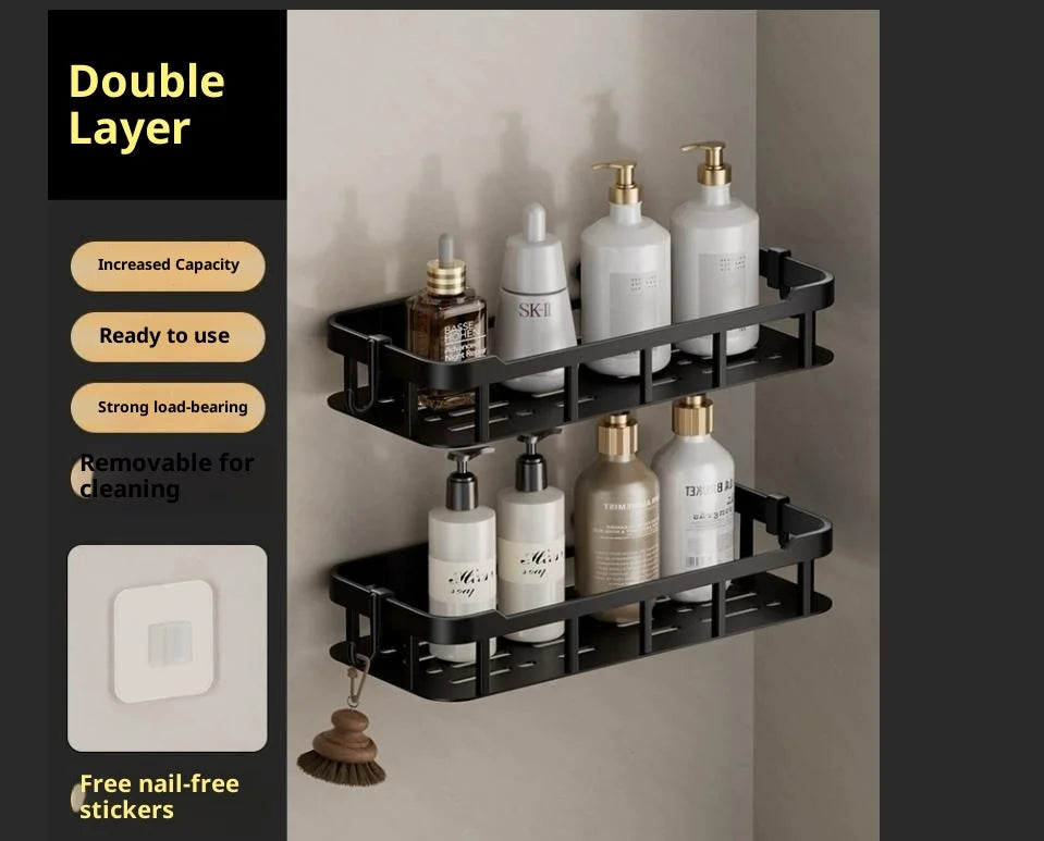 Corner Shelf Wall Soap Holder Bathroom Organizer Rack Punch-free Qme Black 2pcs Plastic