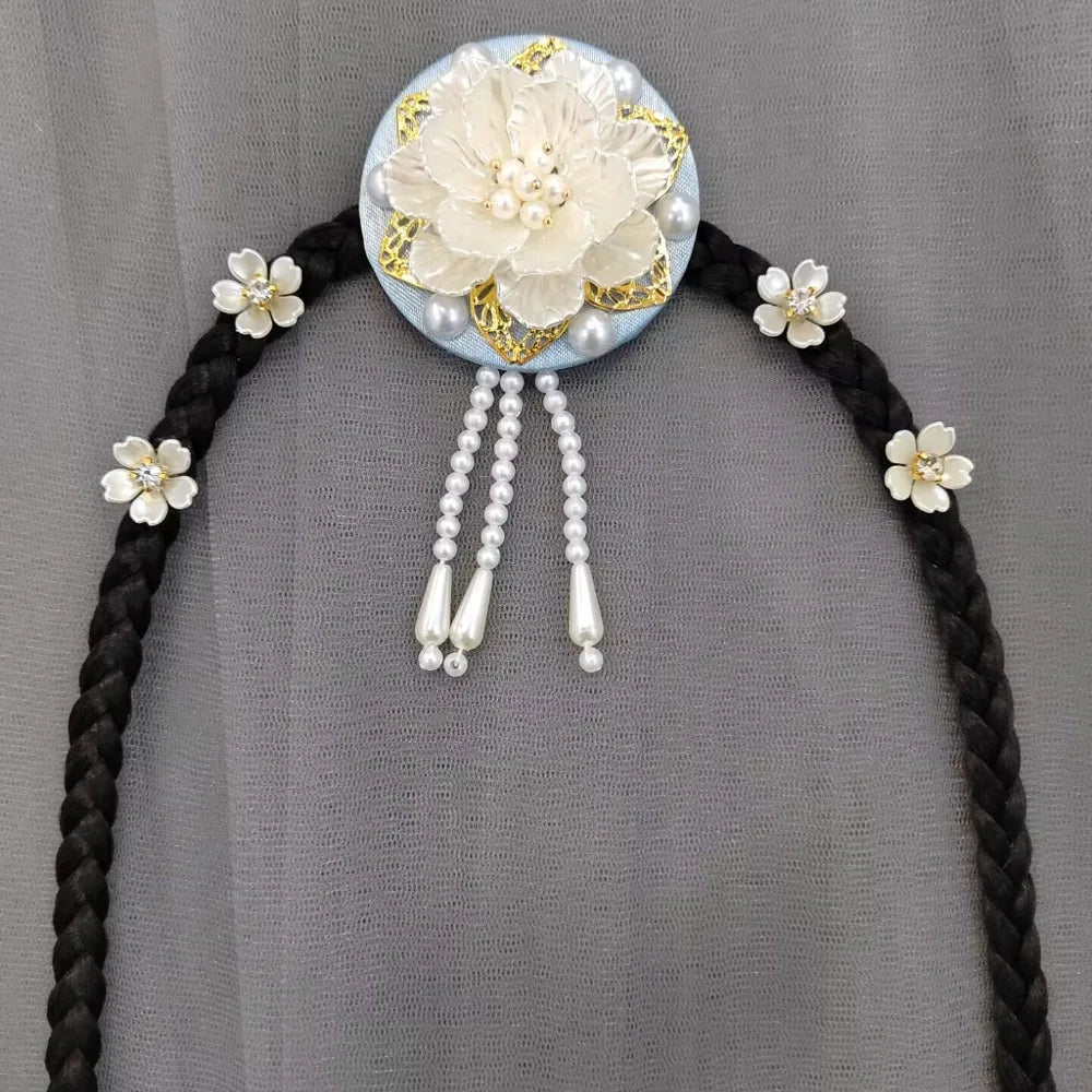 Retro Flower Hanbok Wig Headdress Pearl Traditional Korea Ethnic Qme Style3-Blue