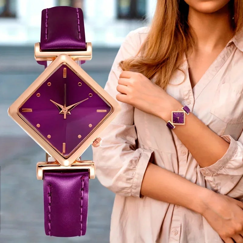 Women's Watch Elegant Rhombus Pointer Quartz Watch Retro Fashion Analog PU Leather Wrist Watch Qme