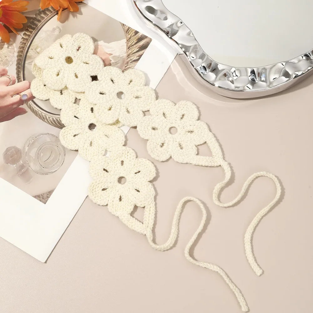 Cute French Knitted Headband Floral Retro Crochet Flower Hair Band Qme White