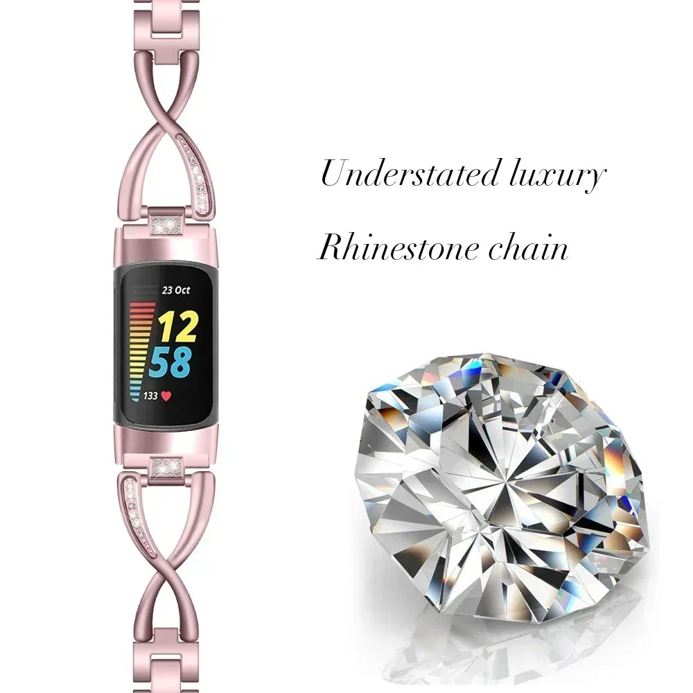 Fashionable Watch Band for Fitbit Charge 5 Smart Watch for Charge 5 Wrist Bracelet Band Zinc Alloy Diamond Strap Correa Metal Qme