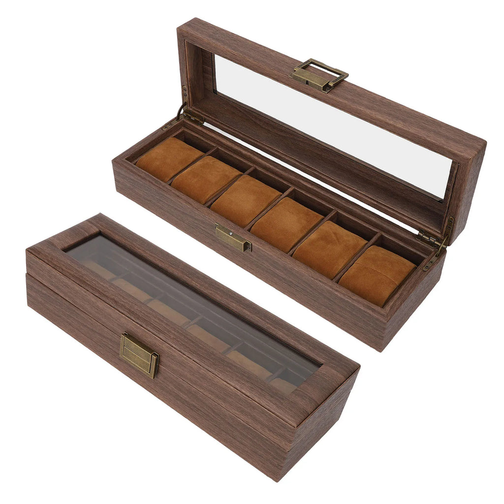 6 Slot Watch Storage Display Box Wood Grain PU Leather Lockable Wristwatch Protective Box Watch Protective Box Watch Display Box Qme