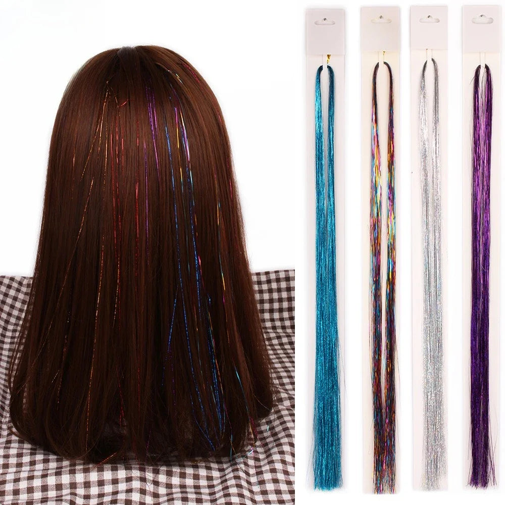 Fairy Hair Tinsel Strands Glitter Sparkle Hair Streaks Shiny Synthetic Hair Extensions For Party Cosplay Daily Hair Decor Qme