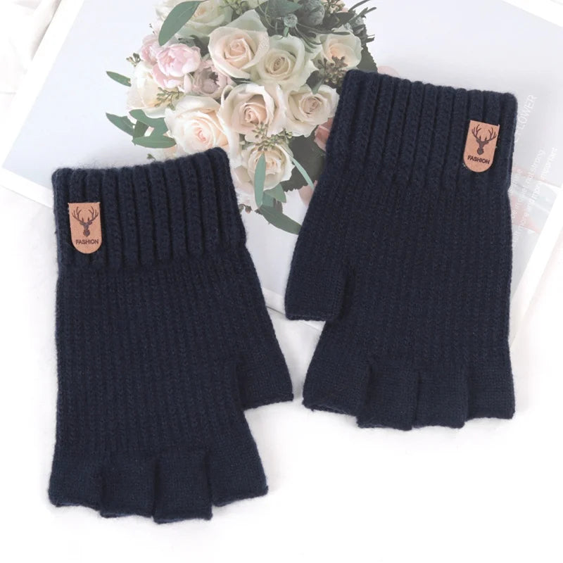 Black Winter Thick Elastic Knitted Gloves Warm Writting Office Cycling Fingerless Glove for Men Women Touchscreen Work Gloves Qme Navy Blue
