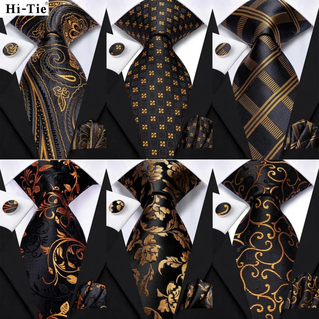 Hi-tie Psialey Black Gold Silk Elegant Tie Men Groom Wedding Necktie Qme