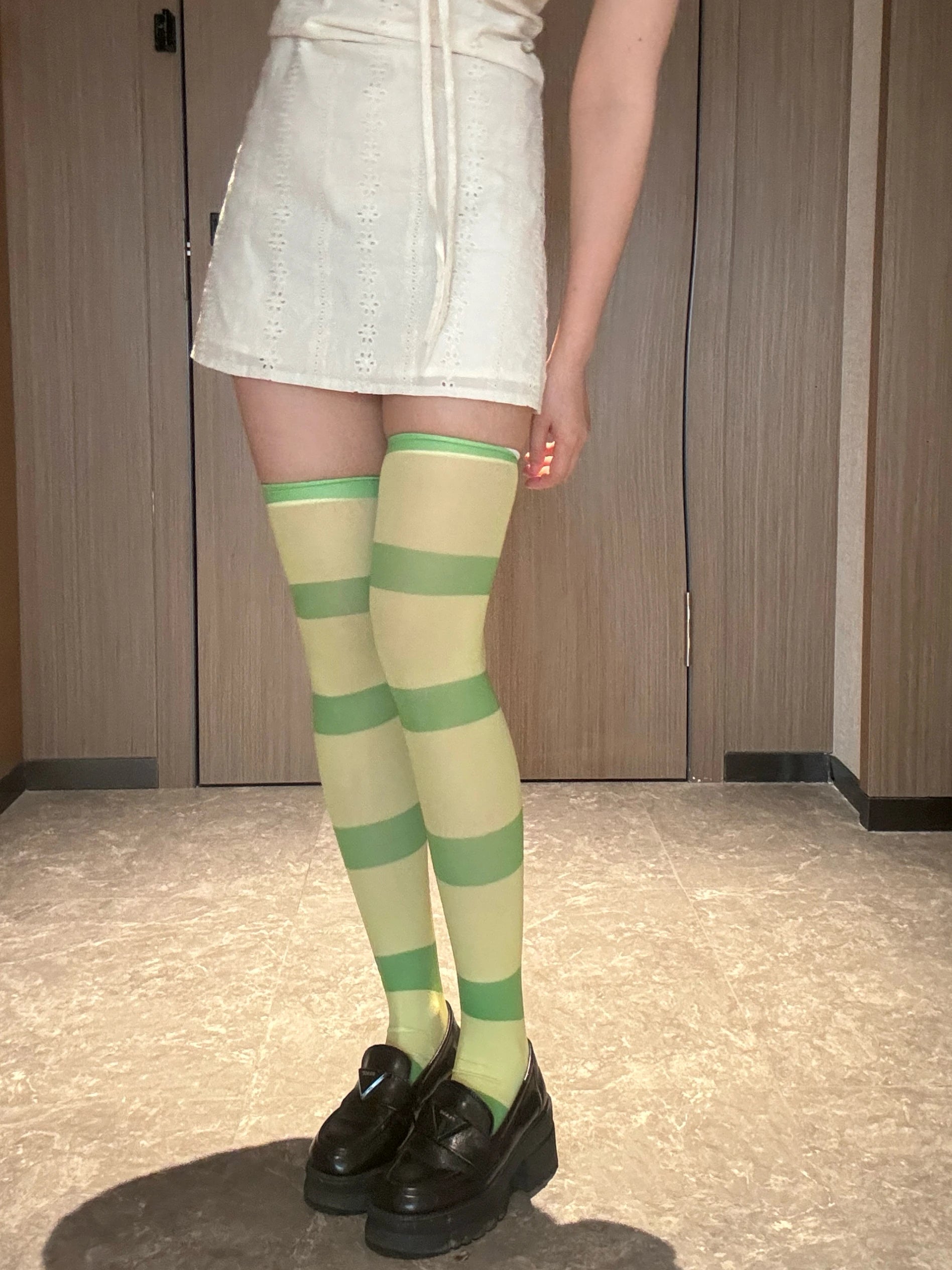 Anime Green White Horizontal Striped Over-the-knee Stockings Fashion Qme