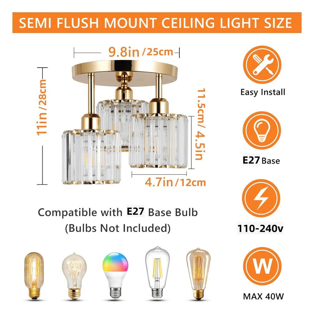 3-Light Modern Semi-Flush Mount Ceiling Light, Gold Crystal Glass Close To Ceiling Lighting Fixture For Kitchen Hallway Bedroom Qme 3light