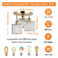 3-Light Modern Semi-Flush Mount Ceiling Light, Gold Crystal Glass Close To Ceiling Lighting Fixture For Kitchen Hallway Bedroom Qme 3light