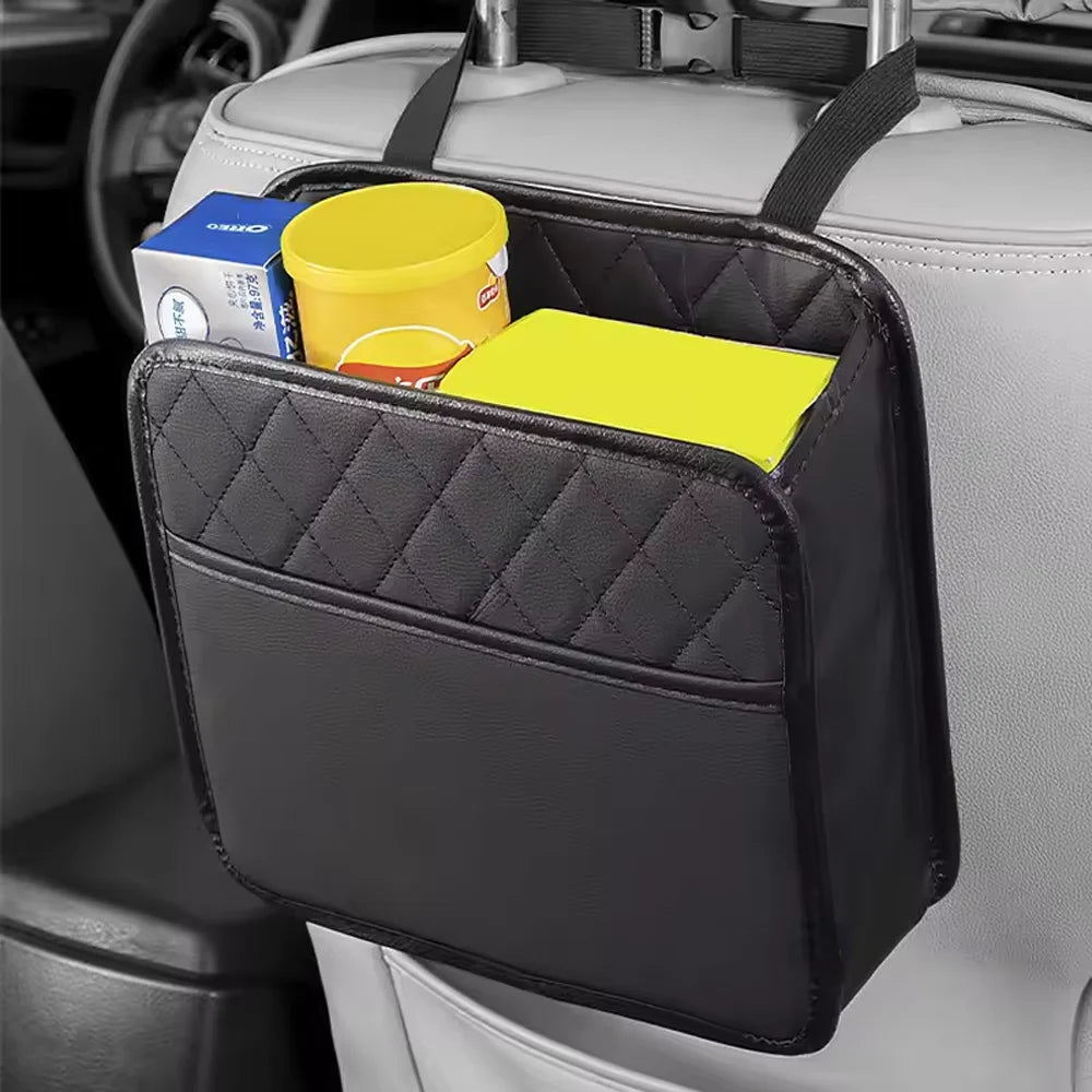 Multi-Functional Car Seat Back Leather Storage Bag Garbage Can Organizer & Trash Bag Holder for Most Vehicle Models Qme