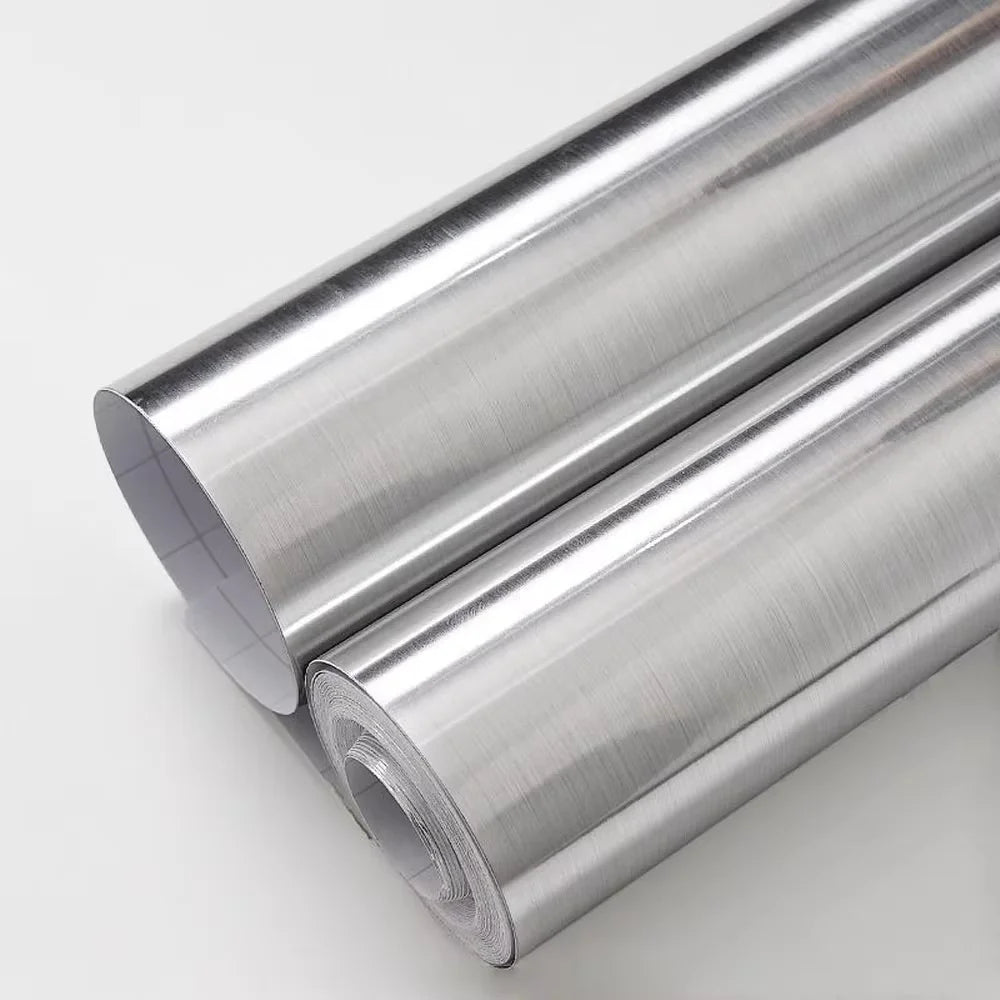 Stainless Steel Brushed Silver Self-Adhesive Vinyl Film Waterproof & Oil-Proof Removable Wallpaper for Kitchen Qme Silvery 40cmx20m