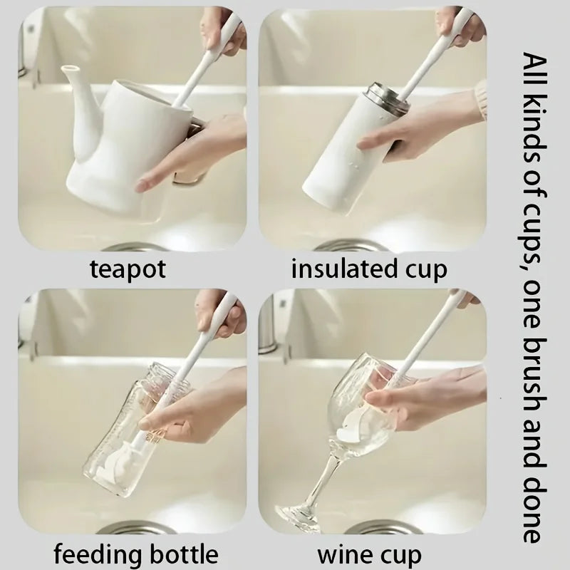 [Silicone Cleaning Brush] Foldable Long Handle Silicone Cleaning Brush - Soft Bristles for Teapots, Wine Glasses & Baby Bottles Qme