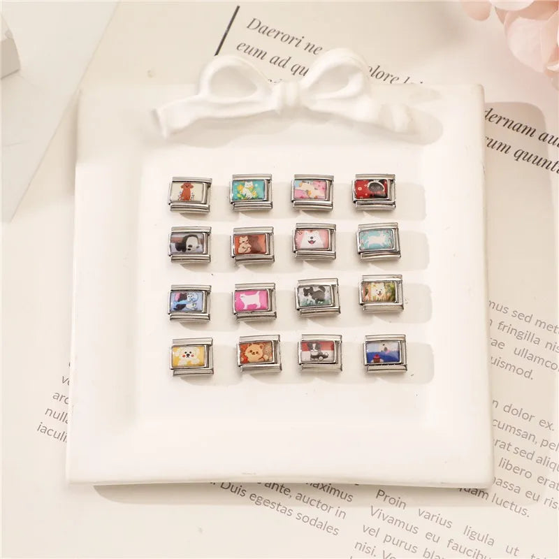 Design Cute Cartoon Animal Pet Series Cat Dog Rabbit Italian Link fit 9mm Stainless Steel Bracelet Making Gift DIY Charm Jewelry Qme