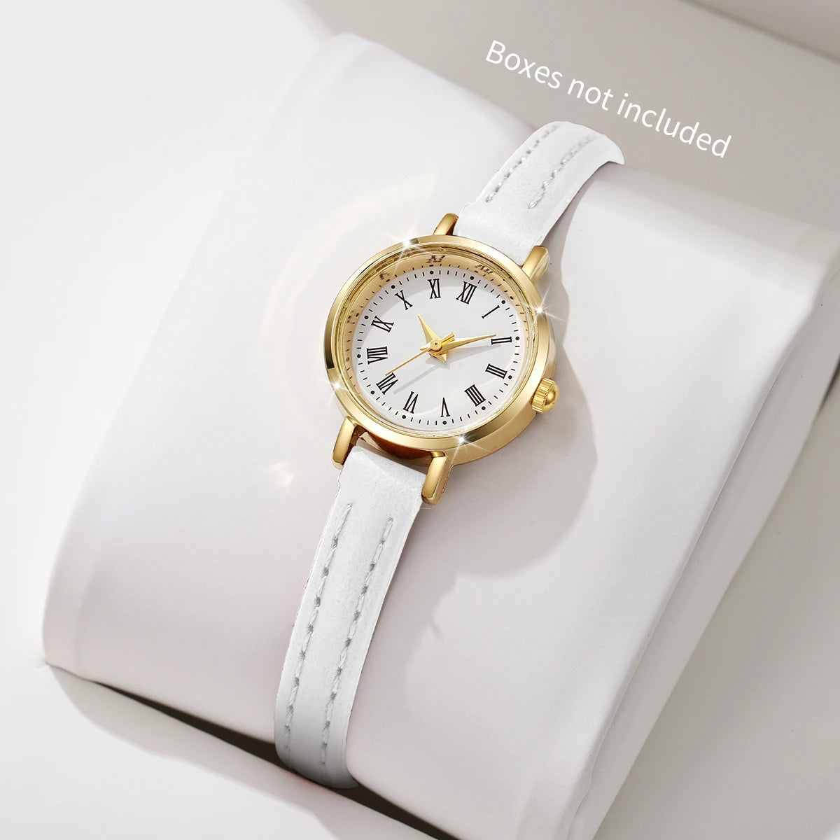 Delicate Retro Roman Numeral Small Round Gold Watch with Soft Leather Band for Daily Wear Qme Roma White No Box
