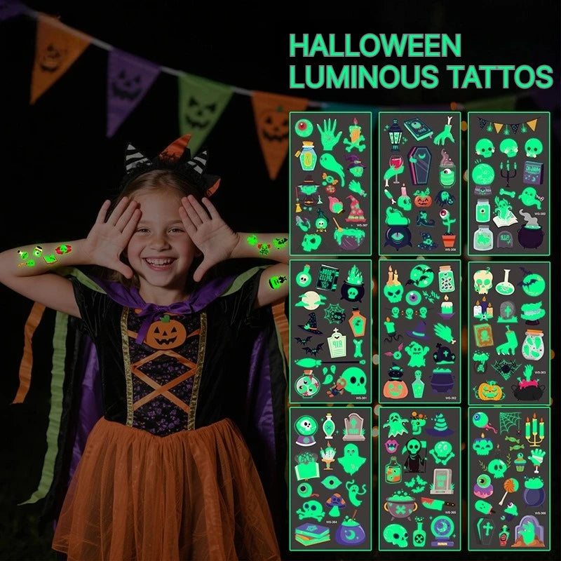 A Halloween Kids Toy Gift 6/8 Sheets Glowing Pumpkin Knife Fake Tattoos, Waterproof Body Stickers for Arm Hand Cosplay Decor Qme