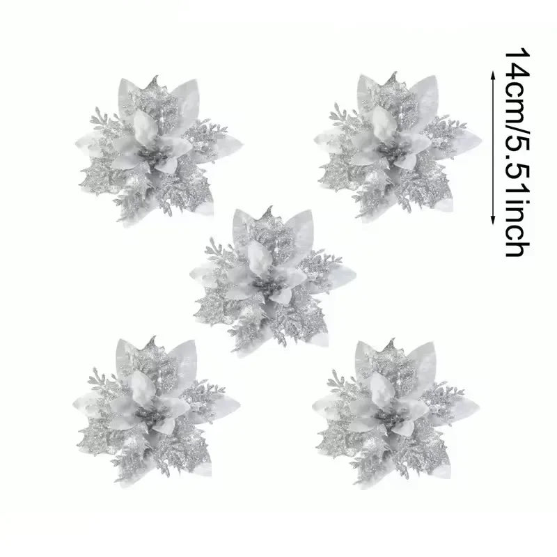 10pcs Glitter Christmas Artificial Flowers Christmas Tree Hanging Ornaments Fake Flower for Home 2025 Xmas New Year Navidad Gift Qme Silver 5pcs