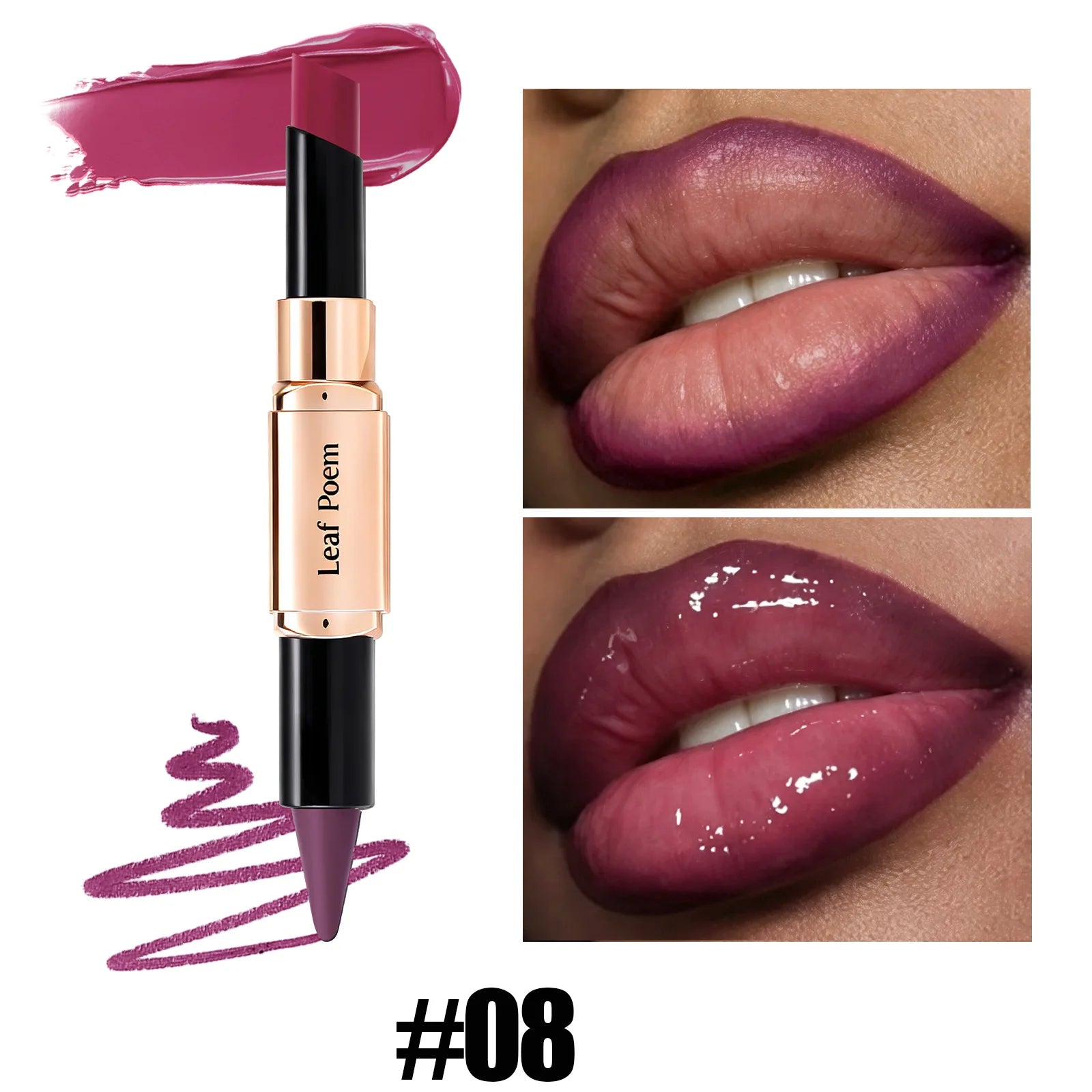 2-in-1 Ultra Fine Lip Liner Velvet Matte Dark Purple Mirror Lipstick Waterproof Non Sticky Contouring Tint Outline Lip Makeup Qme 08