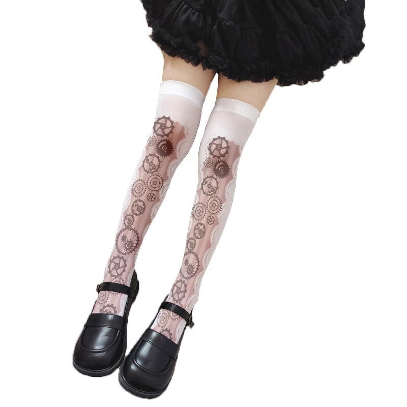 Cute Pink Princess Lolita Over Knee Stockings Love Bow Printed Girl Qme style7 One Size
