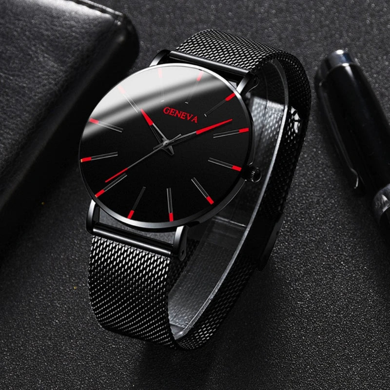Fashionable Ultra Thin Men's Watch, Quartz Watch with Stainless Steel Mesh Bracelet for Business Men Qme Red No