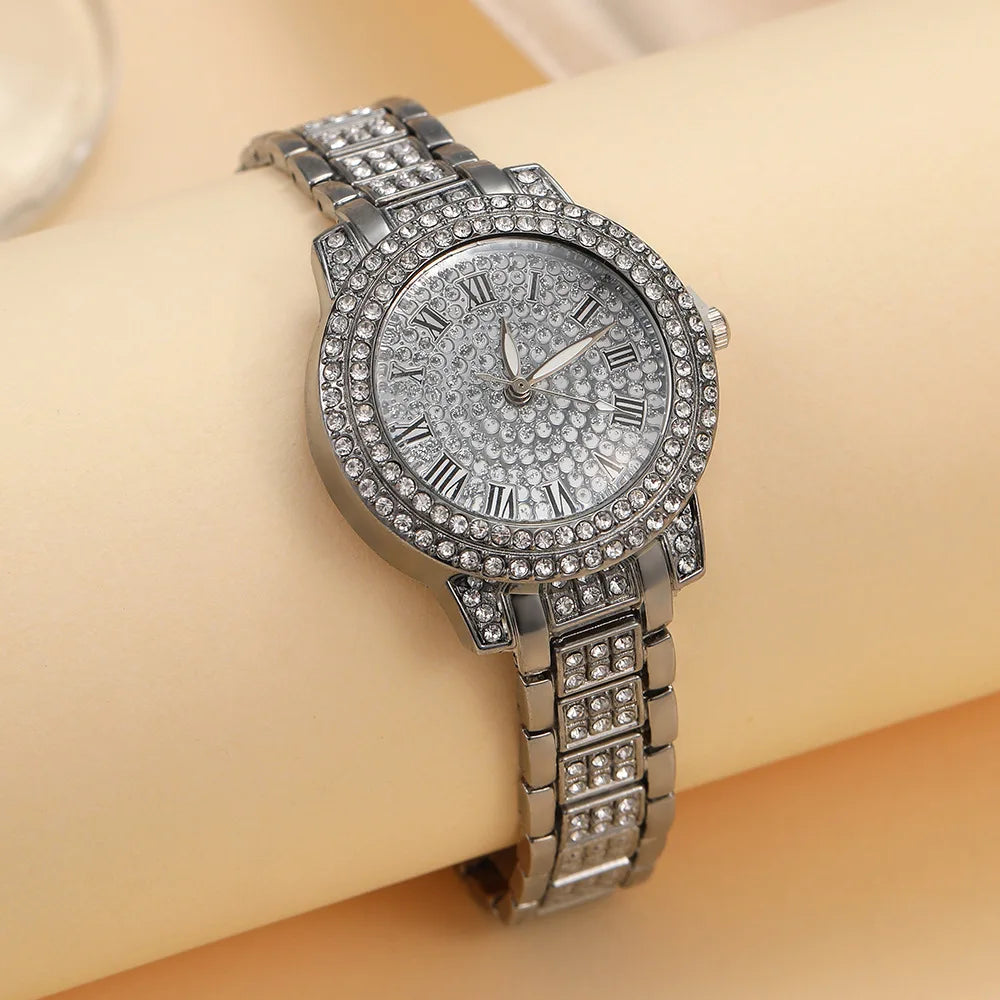 1pcs Fashion Roman pattern diamond inlaid women's watch, women's watch, quartz watch bracelet, women's watch Qme Silver