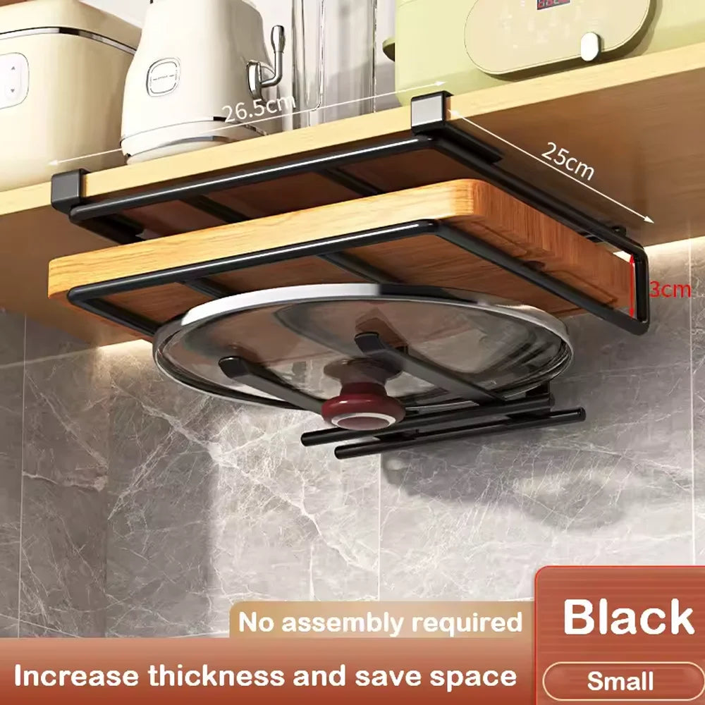 Kitchen Hanging Organizer Rack with Hooks Under Cupboard Paper Towel Rags Hanger Cutting Board Pot Cover Holder Storage Shelf Qme Shuangceng B
