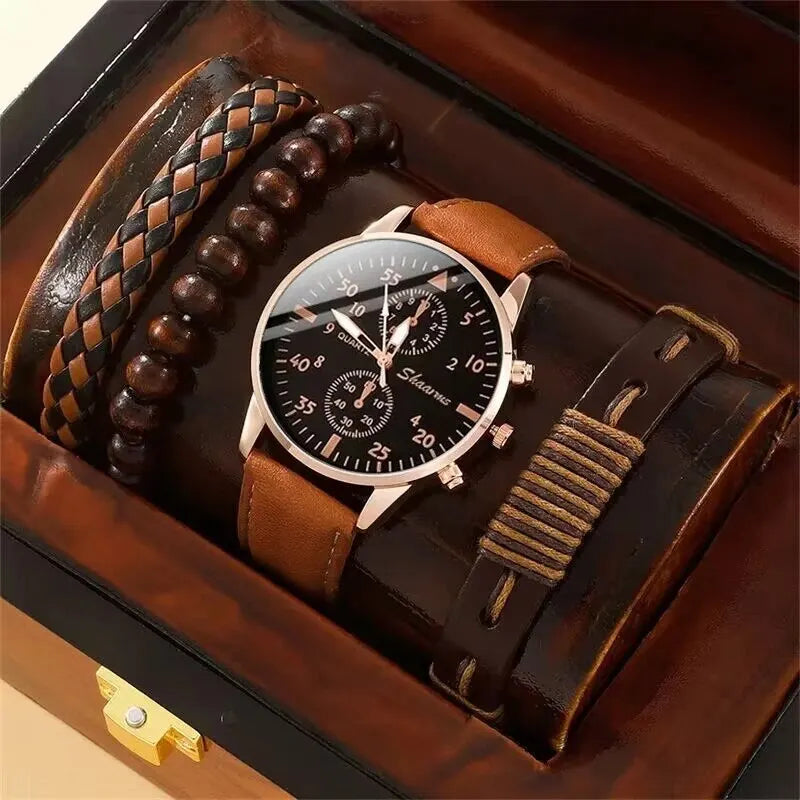2026 4pcs/5pcs Men's leather strap watch, high-end Hong Kong style fashion watch, business binocular watch set Qme Gold