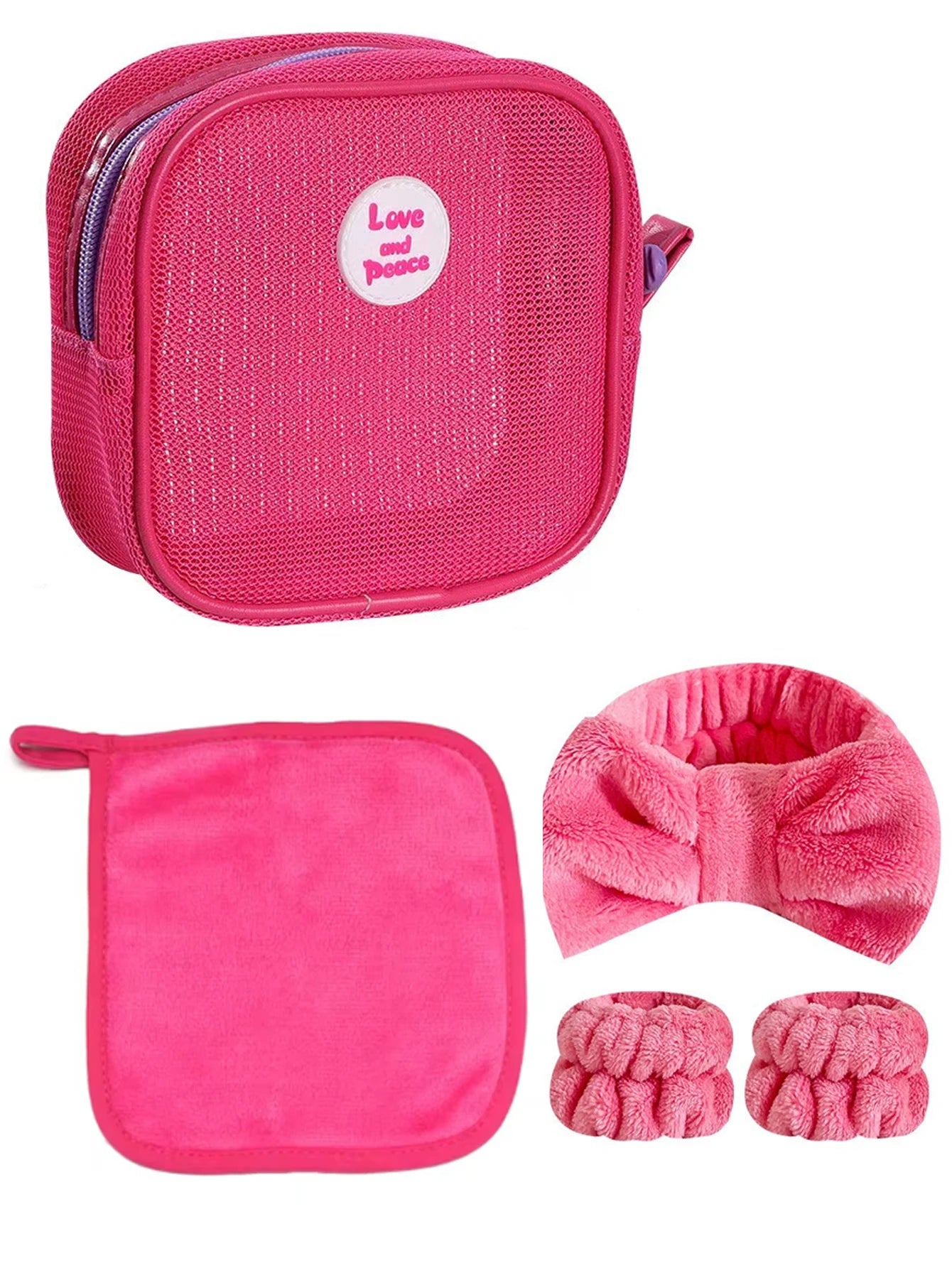 1 Face Wash Headband 2 Wristbands Makeup Removal Towel Cosmetic Bag Qme rose