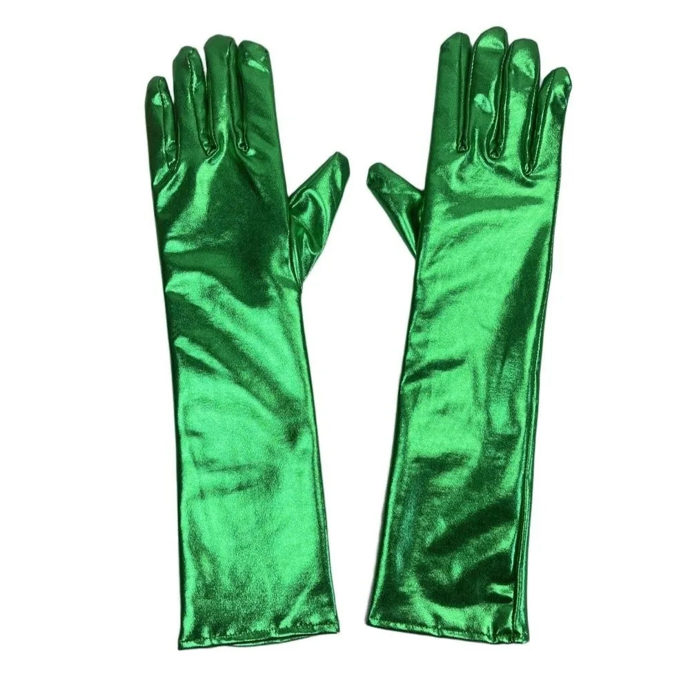 Simple Solid Color Patent Leather Gloves Elastic Shiny Long Gloves Sun Protection Lolita Women Mittens Halloween Cosplay Qme Green
