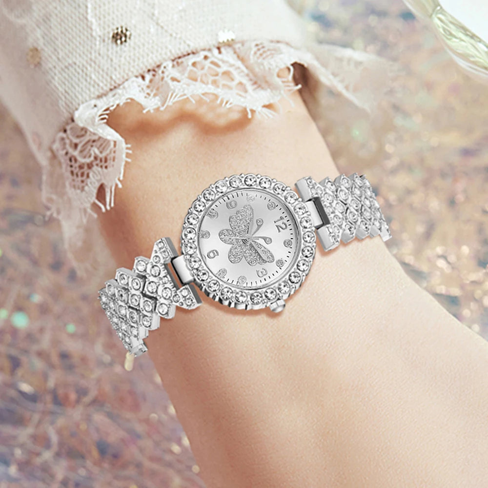 5PC Luxury Women Watch Set Fashion and Trendy With Rhinestone Butterfly Element Dial Quartz Watch Bracelet Set Perfect Gift Qme