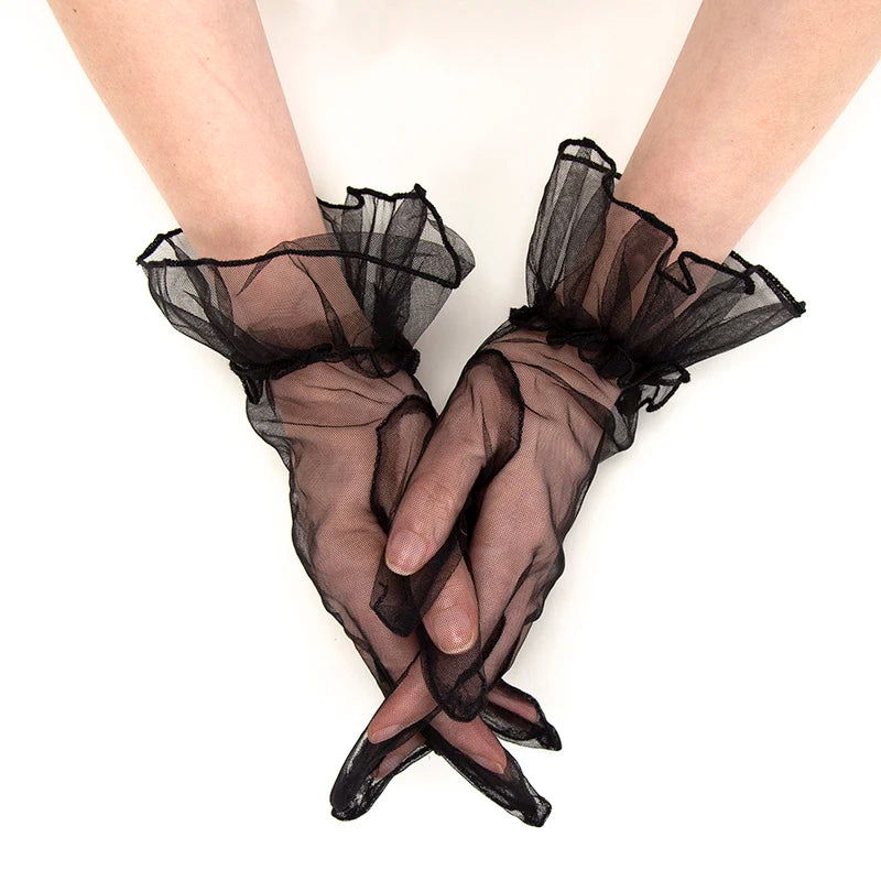 Women Black Lace Gloves Ultra Thin Tulle Wedding Bride Dress Driving Qme