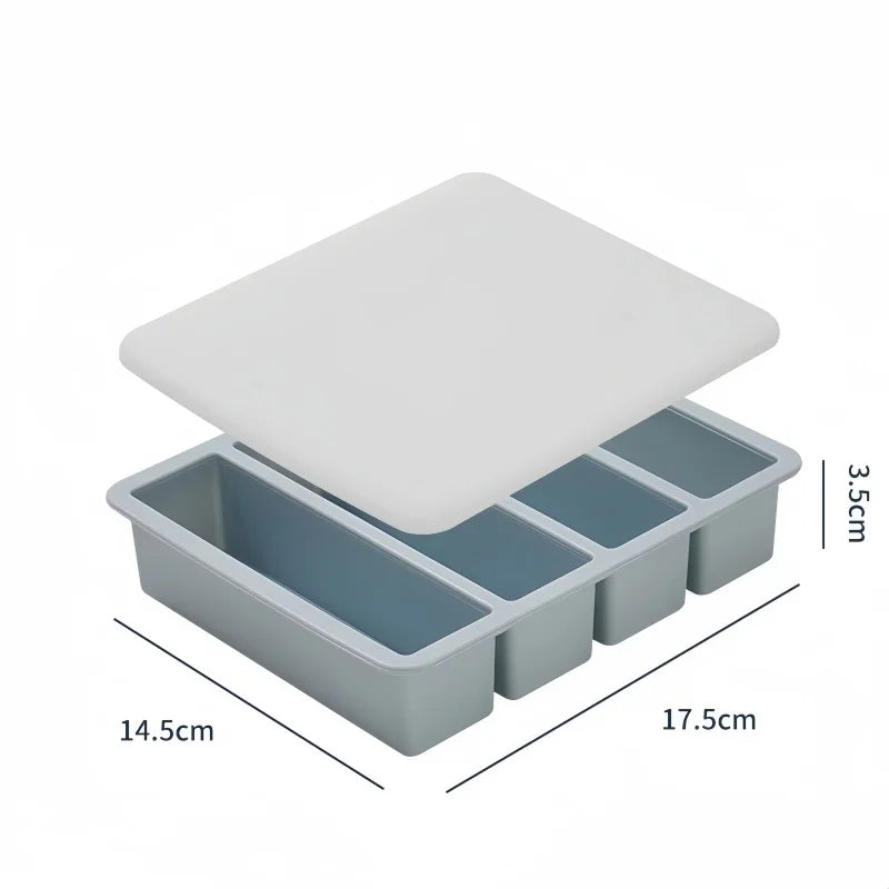 4 Grid Rectangular Silicone Ice Cube Mold with Lid Household Food Grade Ice Grid Tray Whiskey Ice Box Qme blue