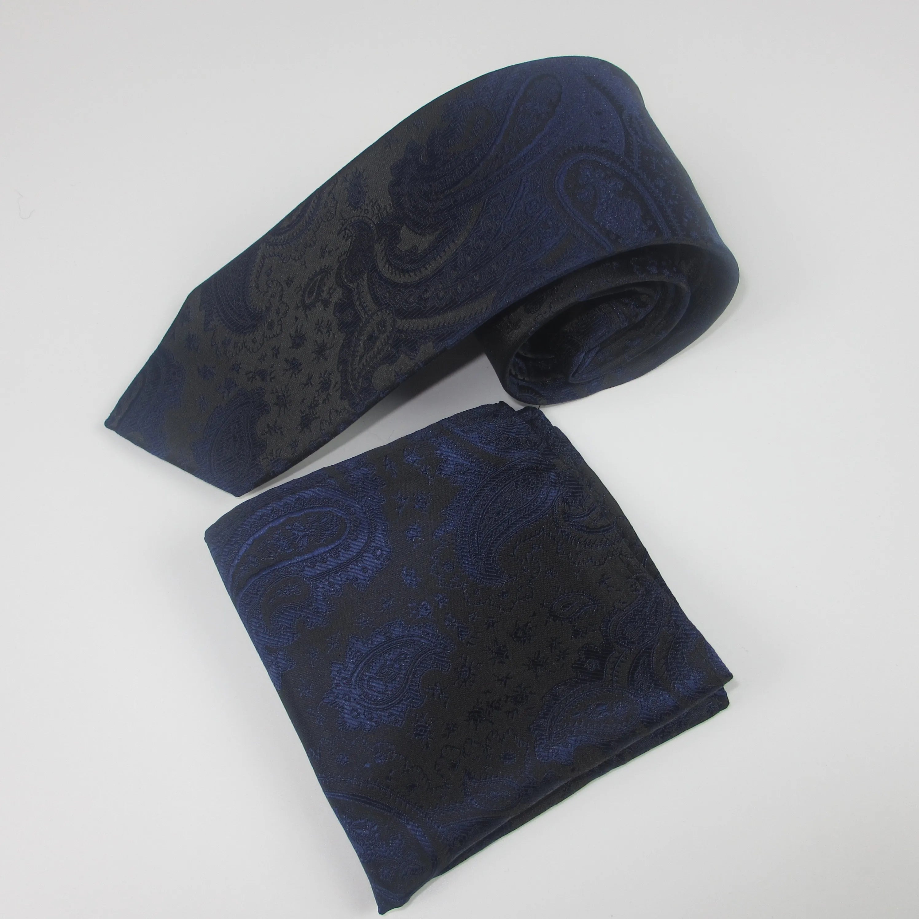 Men's Tie Pocket Square Paisley Flower Dots Hankerchief Narrow Thin Qme Navy Blue