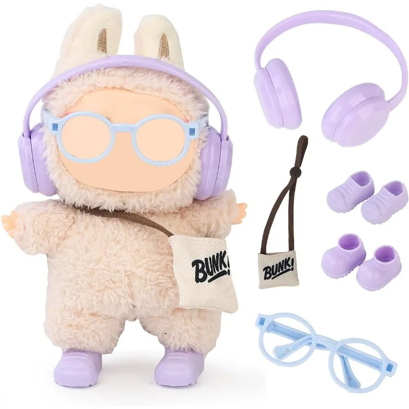 Suitable for LABUBU15-17cm dolls, 4 pairs of headphones, glasses, backpacks, shoes, interesting accessory decorations Qme PURPLE