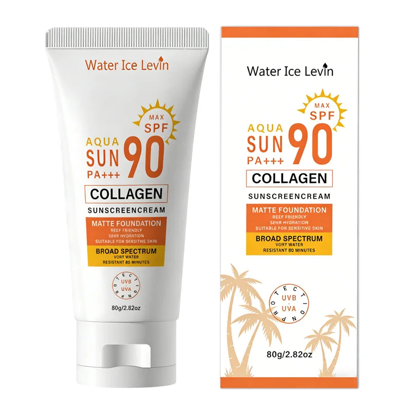 SPF 90 Collagen Sunscreen Cream, Matte Finish, Reef Friendly, 36H Hydration for Sensitive Skin Qme YELLOW 80g