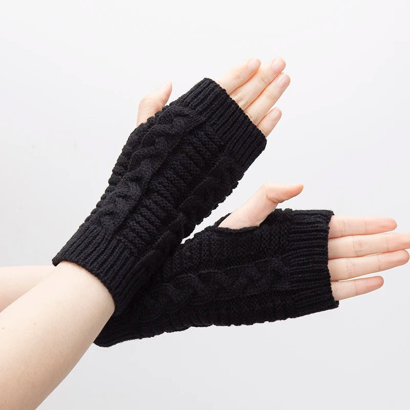Women Knitted Fingerless Gloves Hand Warmer Winter Gloves Short Arm Sleeve Solid Color Work Mittens Casual Soft Female Gloves Qme black length-20cm
