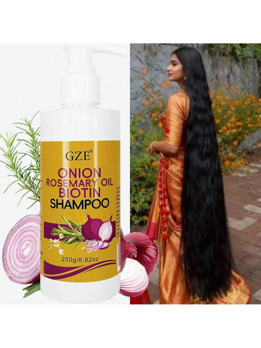 GZE Nourishing Onion & Biotin Shampoo with Rosemary Oil - For Strengthened, Silky Hair, Frizz Control & Scalp Care Qme