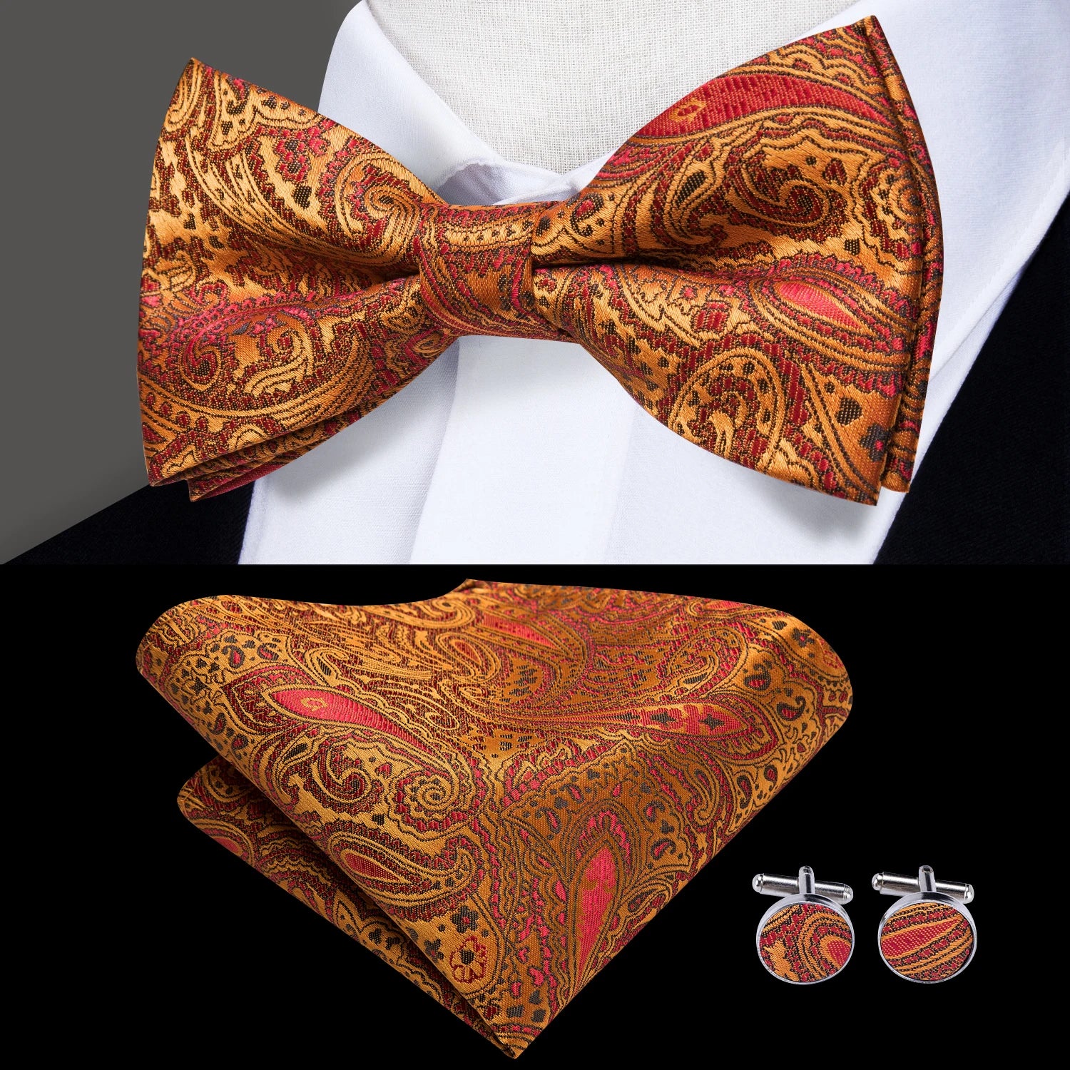 Hi-tie Grey Plaid Jacquard Pre-tied Mens Bow Tie Hanky Cufflinks Qme LH-0741