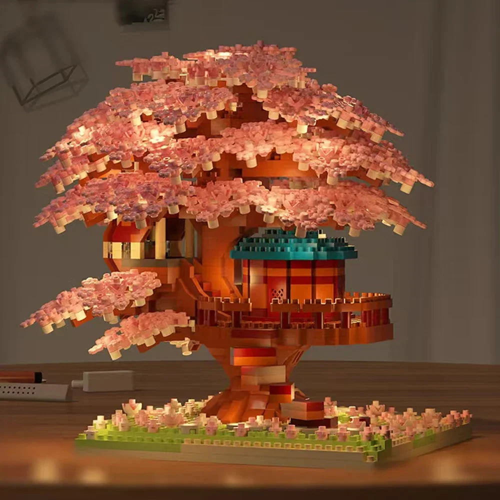 DIY Sakura Tree Building Blocks Set Diy Cherry Blossom Bricks with Light Treehouse Model Ornament Romantic Gift for Girl Friend Qme