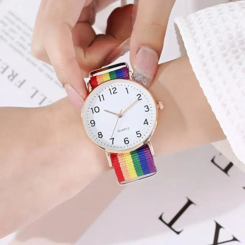 Fashion Gay Hot New Watch Rainbow Color Ultra-thin Canvas Strap 12 Digital Pointer Classic Simple Casual Student Men's Watches Qme