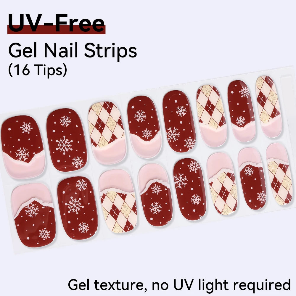 16Tips Pink Red French UV-Free Gel Nail Stickers Sparkly Shinning