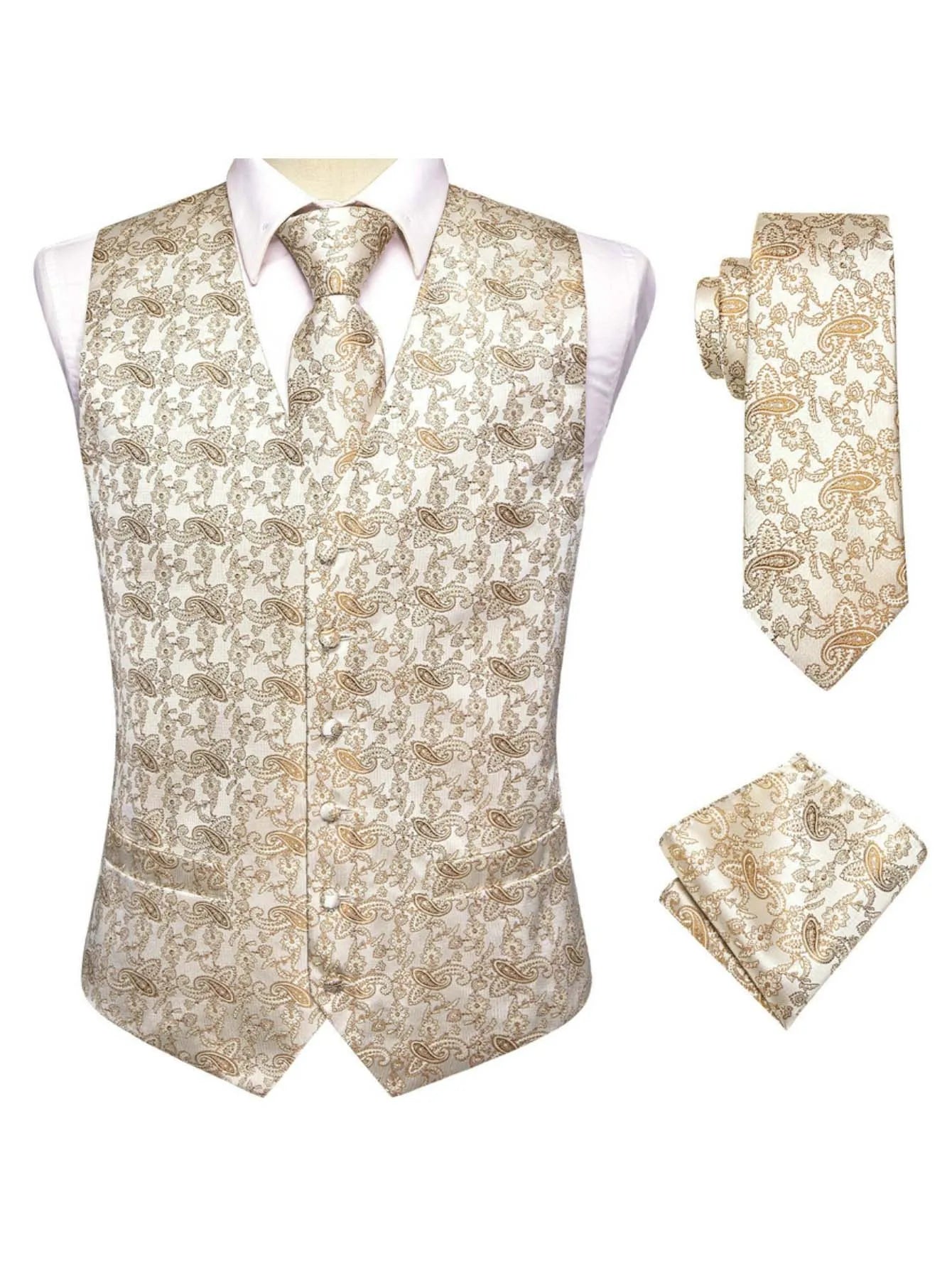 Apricot Men Vest Three-Piece Suit Set, Dress Waistcoat with Tie and Pocket Square for Party Ceremony Qme MJ-3004 XXL