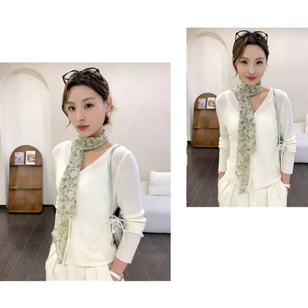 Retro Ribbon Leopard Print Scarf Flower Dressing Decoration Scarf Headband French Style Thin Long Scarves Spring Summer Qme