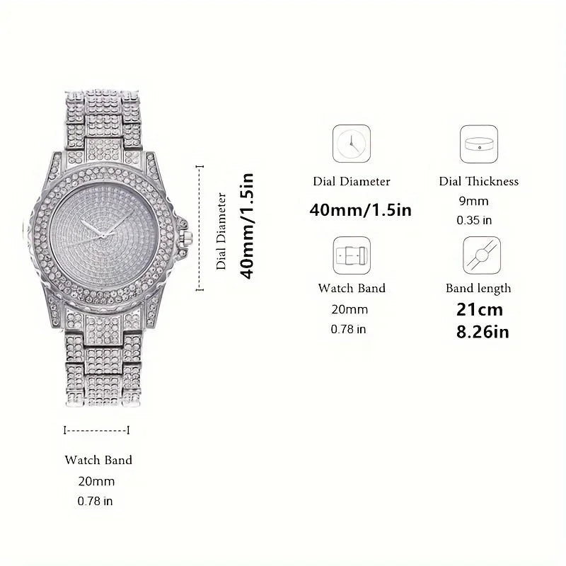 4Pcs Men's Gold Iced Out Jewelry Set, Full Diamond Dial Quartz Watch + Cuban Link Chain + Bracelet + Ring, Hip Hop Bling Style Qme
