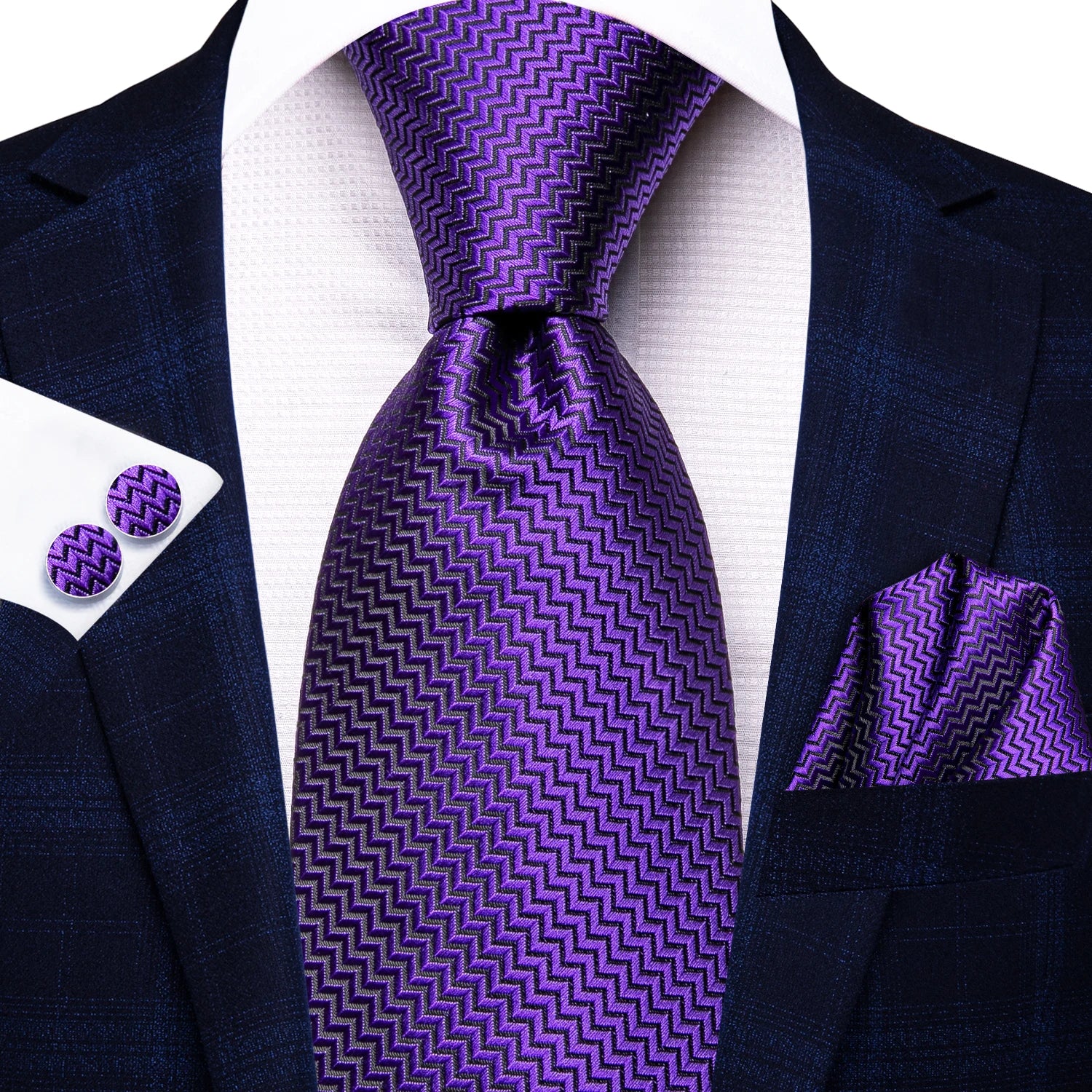Hi-tie Mens Tie Purple Floral Stripes Solid Necktie Pocket Square
