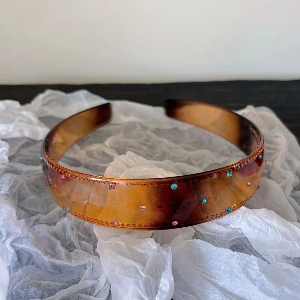 Luxury Colorful Acrylic Rhinestone Headbands Leopard Print Non-slip Wide Hair Hoops Shiny Vintage Hair Accessories Daily Qme Brown